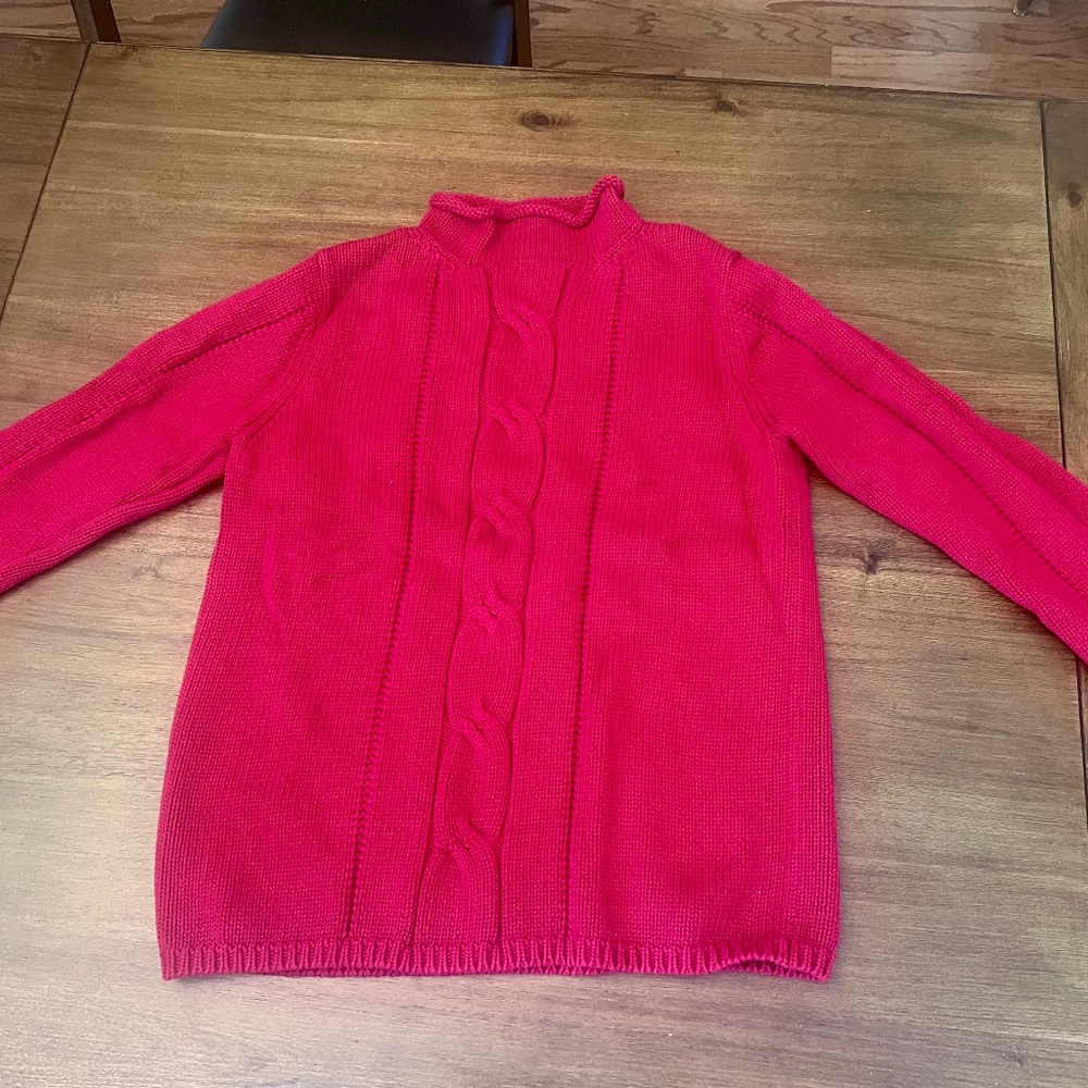 Red cable knit turtle neck sweater